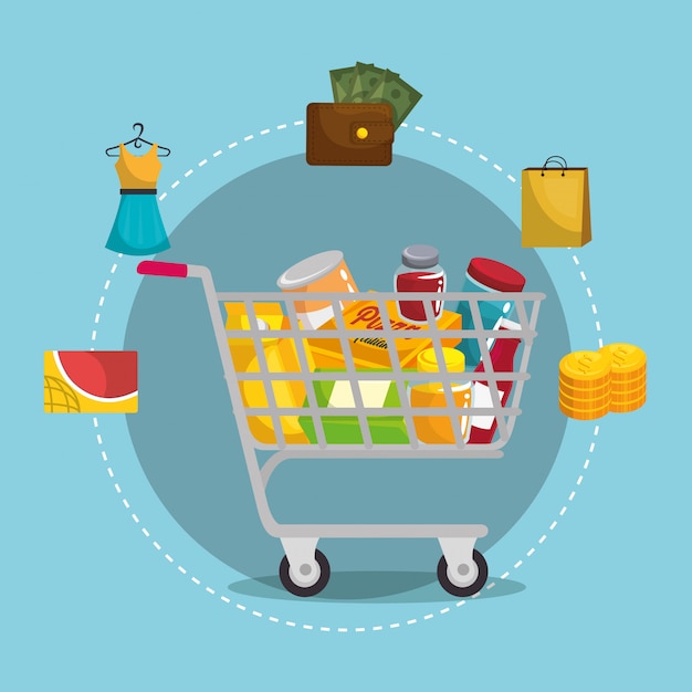 shopping cart with marketing set