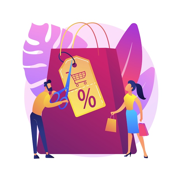 Free Vector shopping discounts and allowances cartoon web icon. selling price reduction, retail sales, creative marketing. special offer, customer attraction idea 