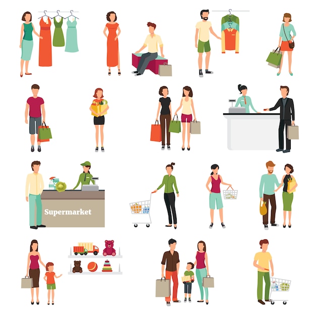  Shopping people set with supermarket symbols flat isolated vector illustration 