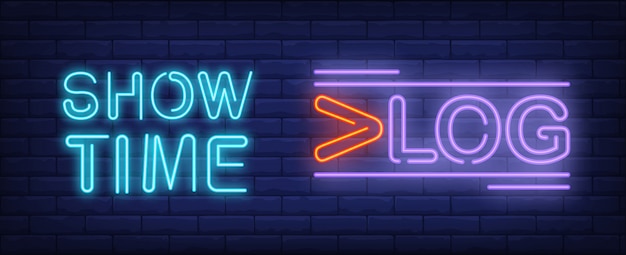 Show time on vlog neon sign. Creative lettering with additional lines.