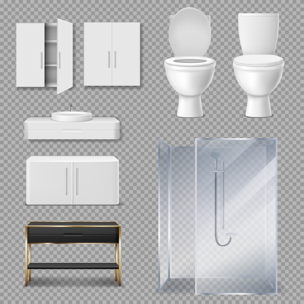 Free Vector shower cabin, toilet bowl and sink for bathroom