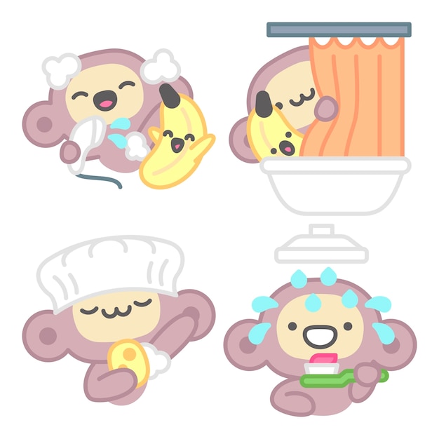 Free Vector shower stickers collection with monkey and banana