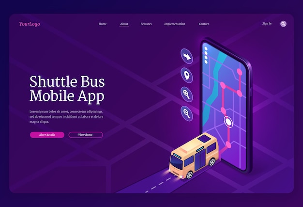 Shuttle bus mobile app isometric landing page. Application for transport location control.