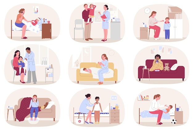 Sick child flat set with isolated compositions of kid getting ill with parents and doctors characters vector illustration