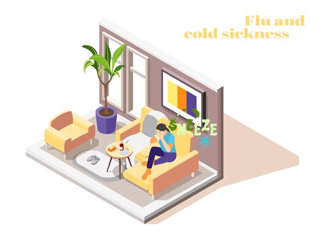 Sick woman with flu cold fever sitting on couch at home sneezing with tissue isometric 