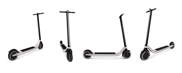 Side front and rear isolated views of electric kick scooter on white realistic monochrome illustration