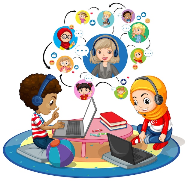 Side view of children using laptop for communicate video conference with teacher and friends on white background