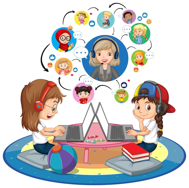 Free Vector side view of girls using laptop for communicate video conference with teacher and friends