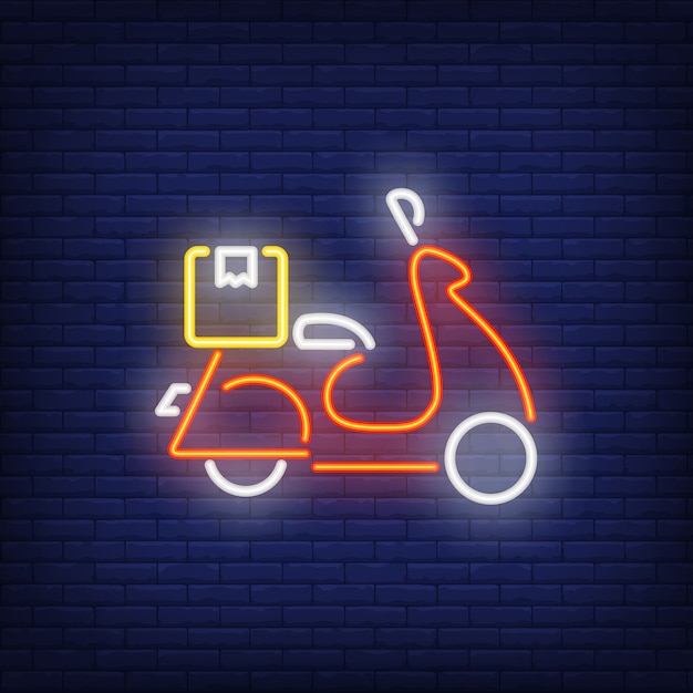 Side view of scooter on brick background. Neon style 