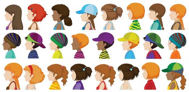 Sideview of the different faces of human beings on a white background