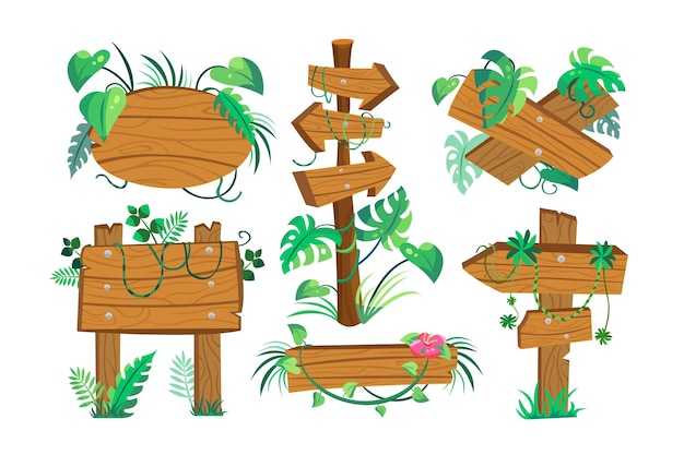 Free Vector signboards or signs on poles from wood vector illustrations set. wooden direction pointers and planks with plants, leaves and lianas in forest isolated on white background. jungle, information concept