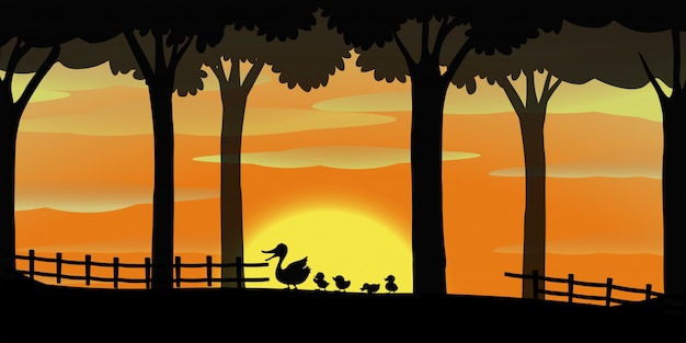 Free vector silhouette background with ducks on the farm