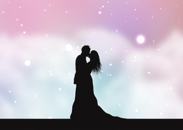 Silhouette of a bride and groom on a pastel cotton candy clouds background design