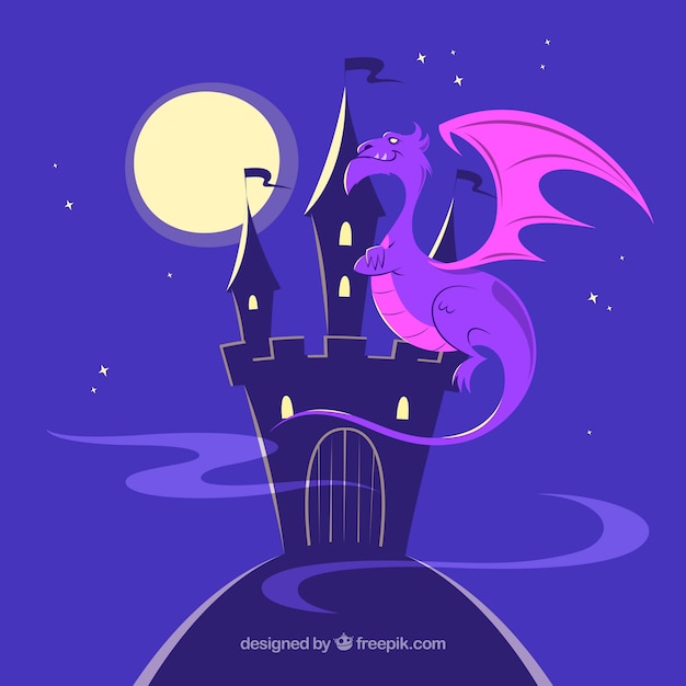 Free Vector silhouette castle background with dragon flying