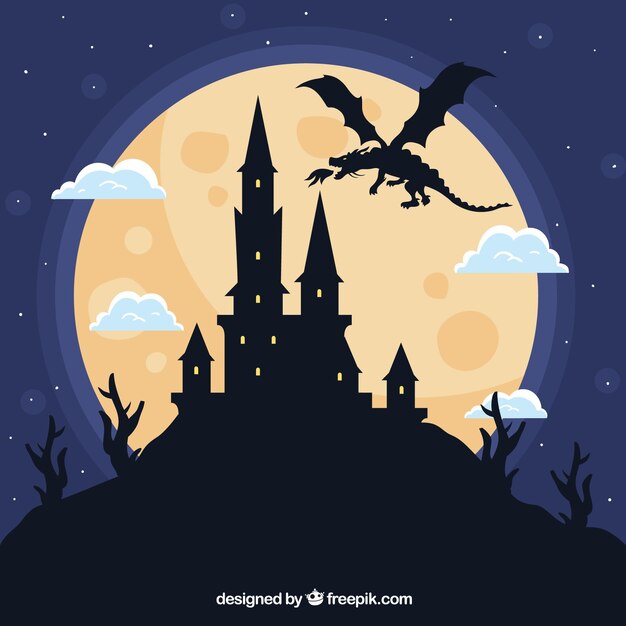 Silhouette of castle and flying dragon