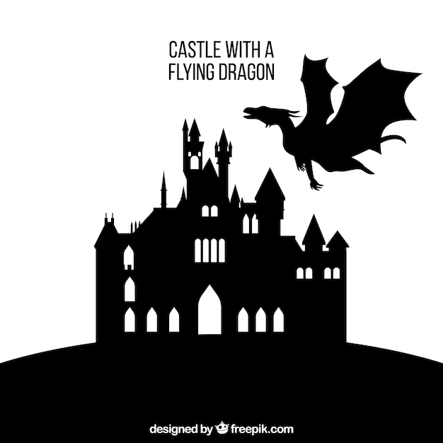 Free Vector silhouette of castle and flying dragon