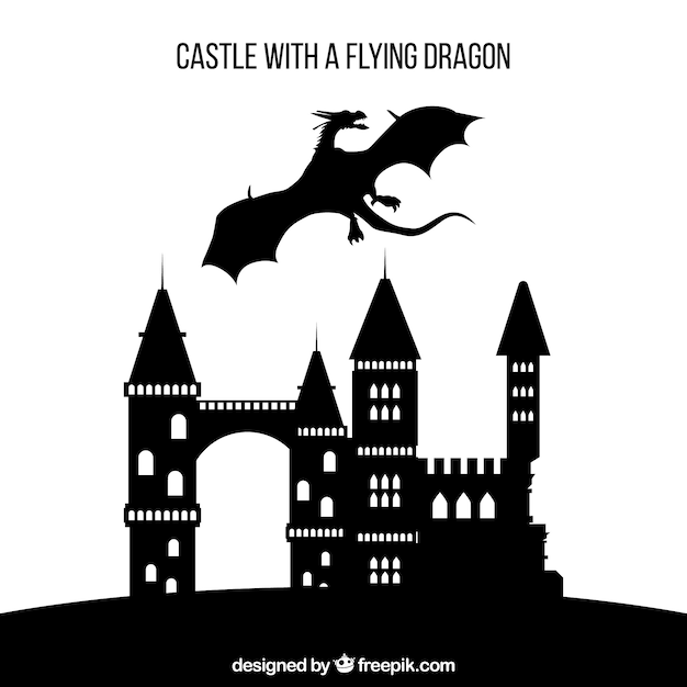 Silhouette of castle and flying dragon