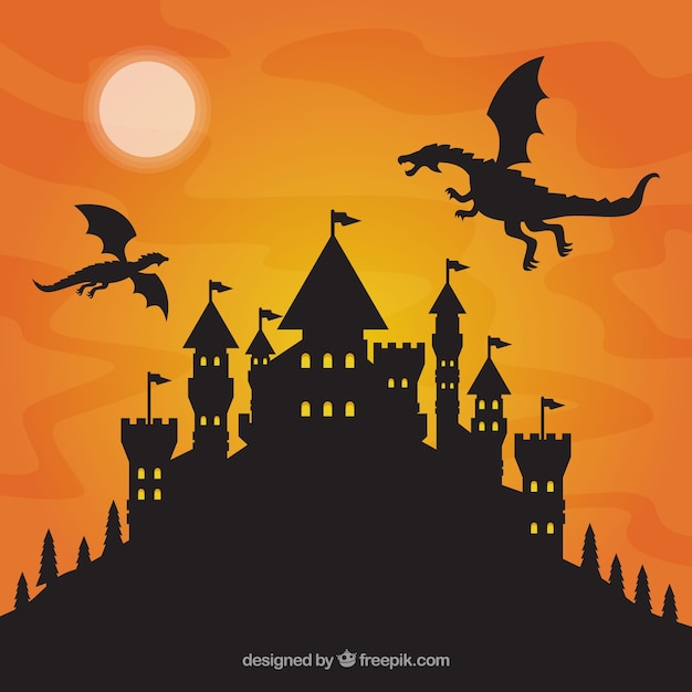 Silhouette of castle and flying dragon