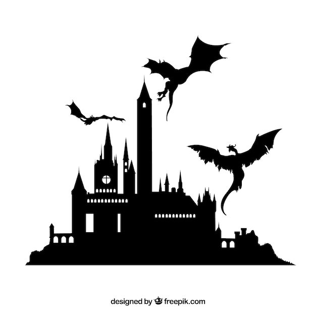 Free vector silhouette of castle and flying dragon