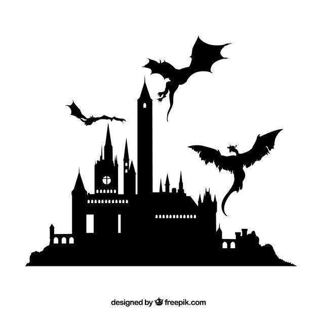 Silhouette of castle and flying dragon