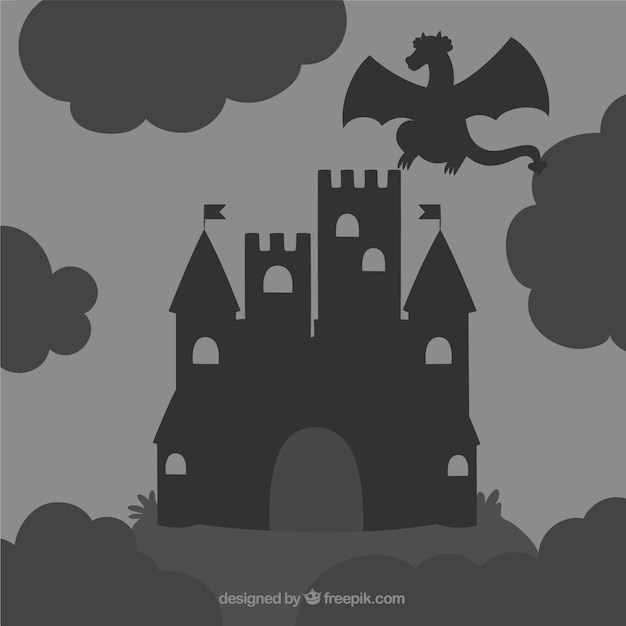 Free Vector silhouette of castle and flying dragon