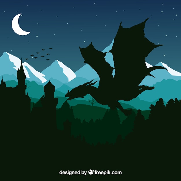 Free vector silhouette of castle and flying dragon