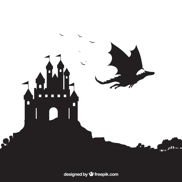 Silhouette of castle and flying dragon