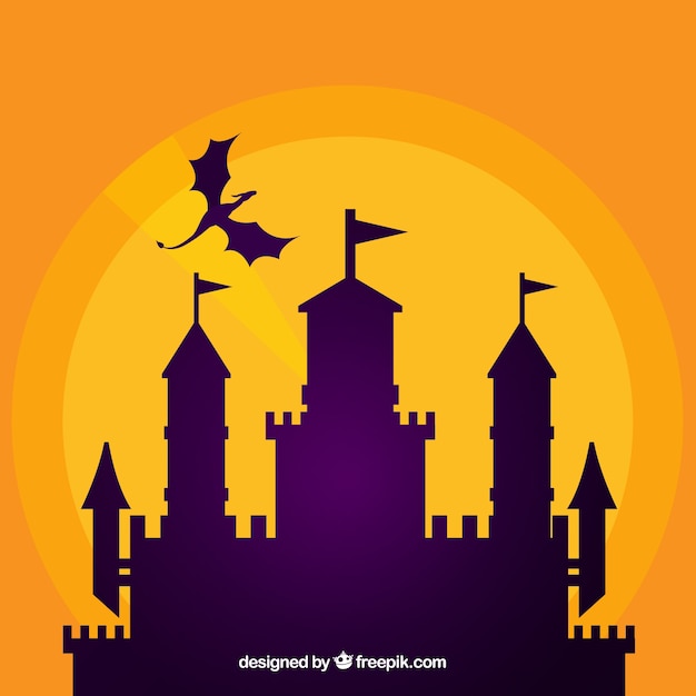 Free Vector silhouette of castle and flying dragon