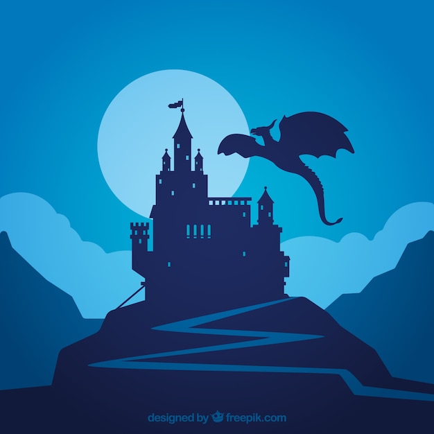 Free Vector silhouette of castle and flying dragon