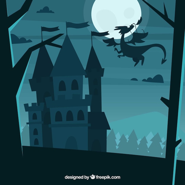 Free Vector silhouette of castle and flying dragon