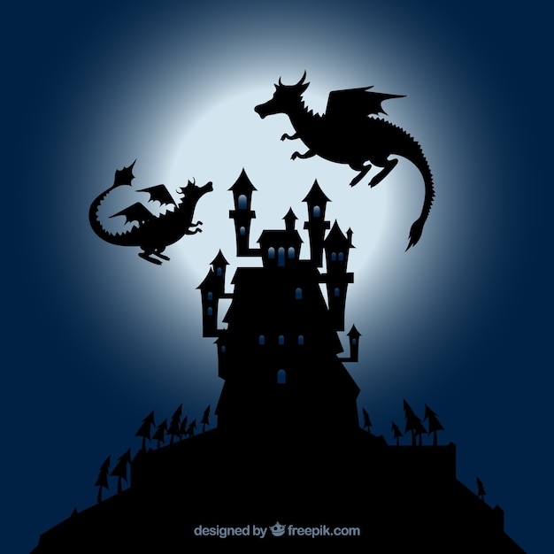 Silhouette of castle and flying dragon