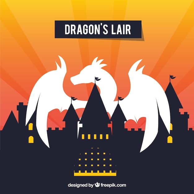 Free vector silhouette of castle and flying dragon