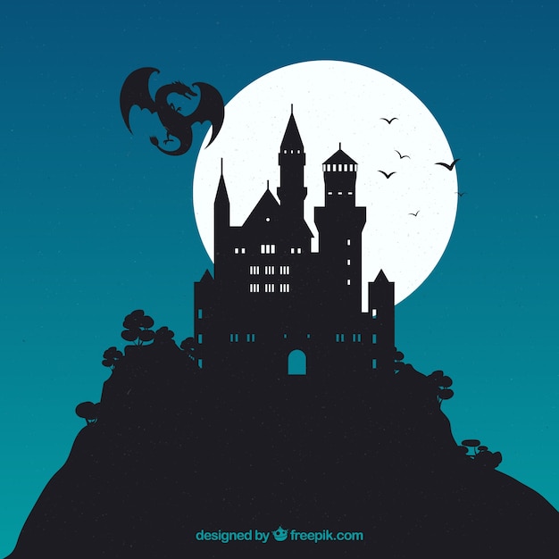 Silhouette of castle and flying dragon