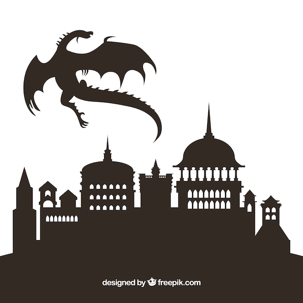 Silhouette of castle and flying dragon