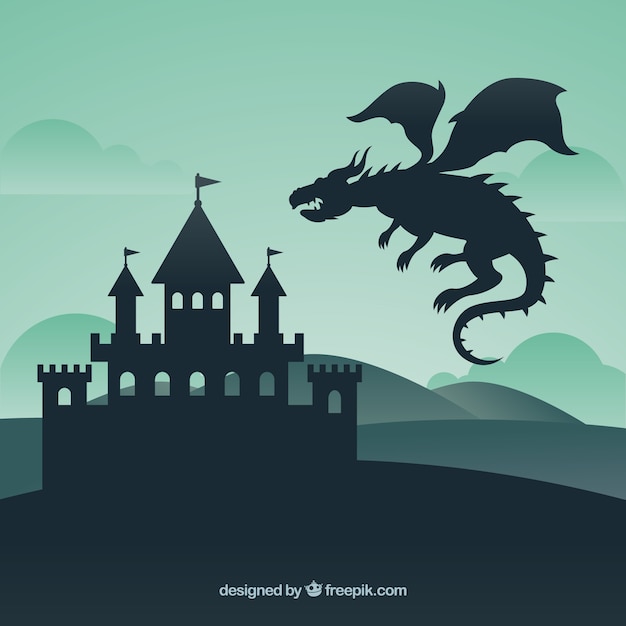 Free Vector silhouette of castle and flying dragon