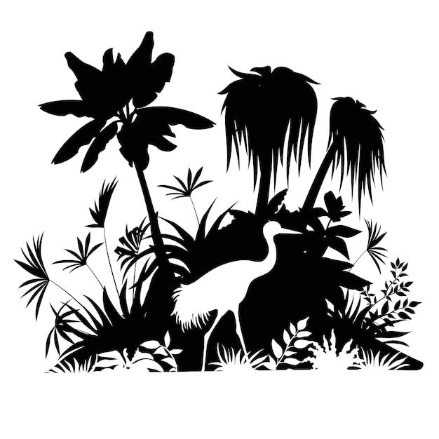 Free vector silhouette crane palms and liana