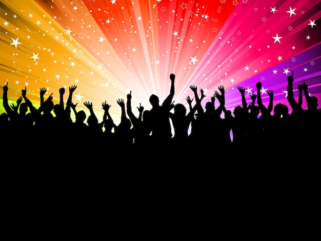 Free Vector silhouette of a crowd of party people on a starburst background