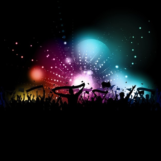 Free Vector silhouette of a crowd with banners and flags on a disco lights background