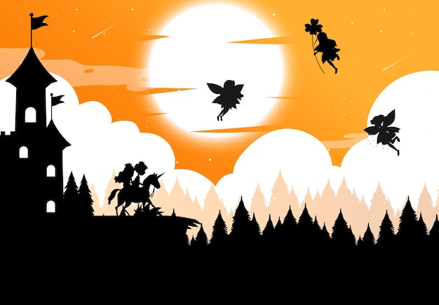 Silhouette fairies with full moon background