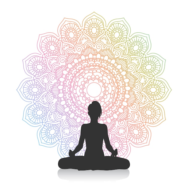 Free Vector silhouette of a female in yoga pose against mandala design