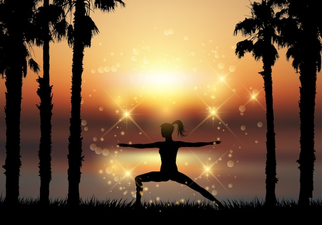 Free vector silhouette of a female in yoga pose in tropical landscape