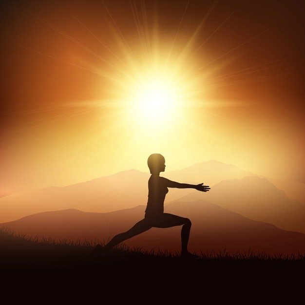 Free vector silhouette of a female in a yoga position against a sunset landscape