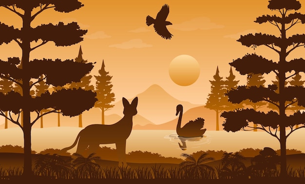 Free vector silhouette forest landscape at sunset