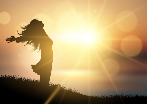 Free Vector silhouette of a happy female against a sunset landscape