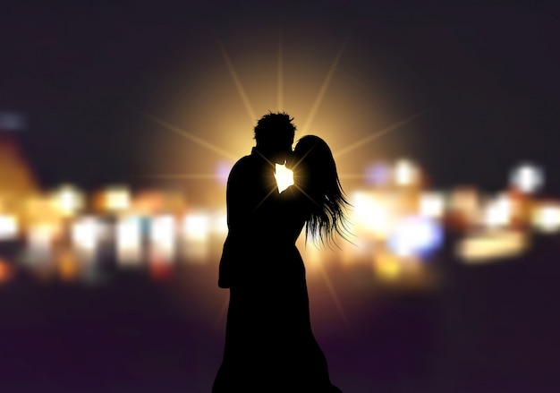 Free Vector silhouette of a loving couple on bokeh lights background