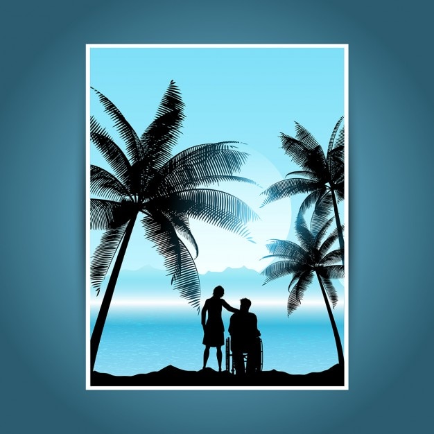 Free Vector silhouette of a man in a wheelchair with a woman in a tropical landscape