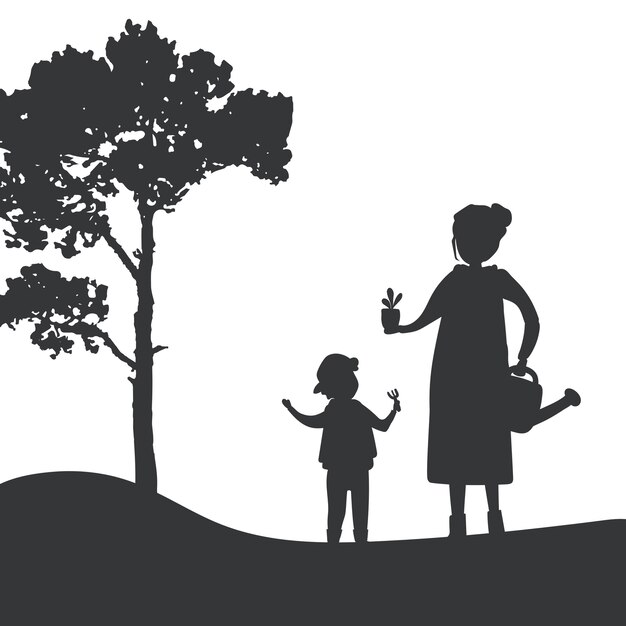 Silhouette of mother and son gardening vector