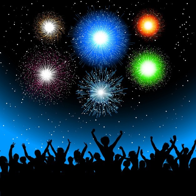 Free Vector silhouette of a party crowd against a sky filled with fireworks