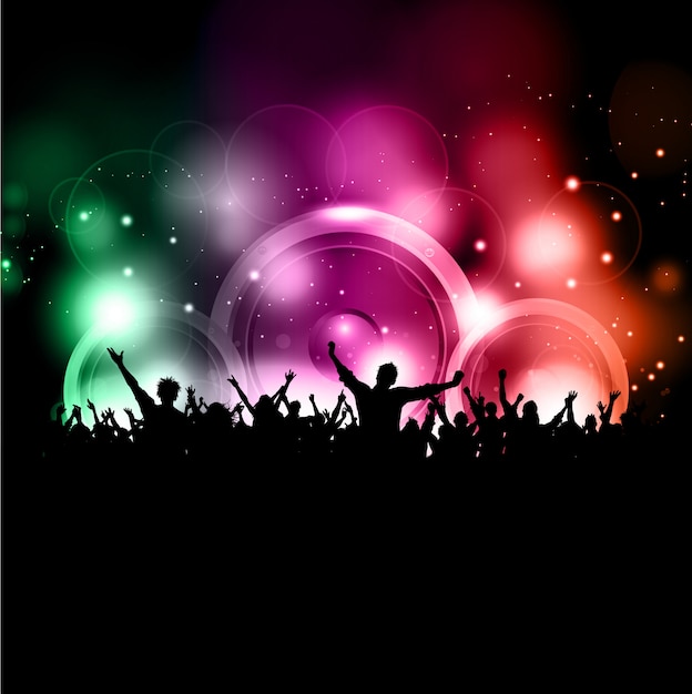 Silhouette of a party crowd on a glowing lights background