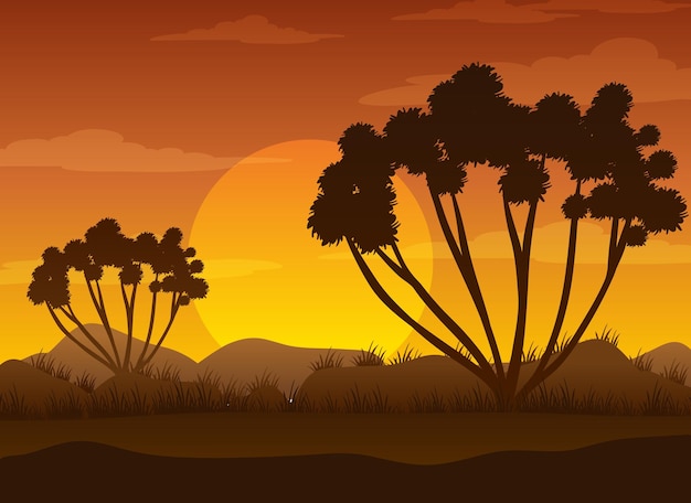 Free Vector silhouette savanna forest at sunset time